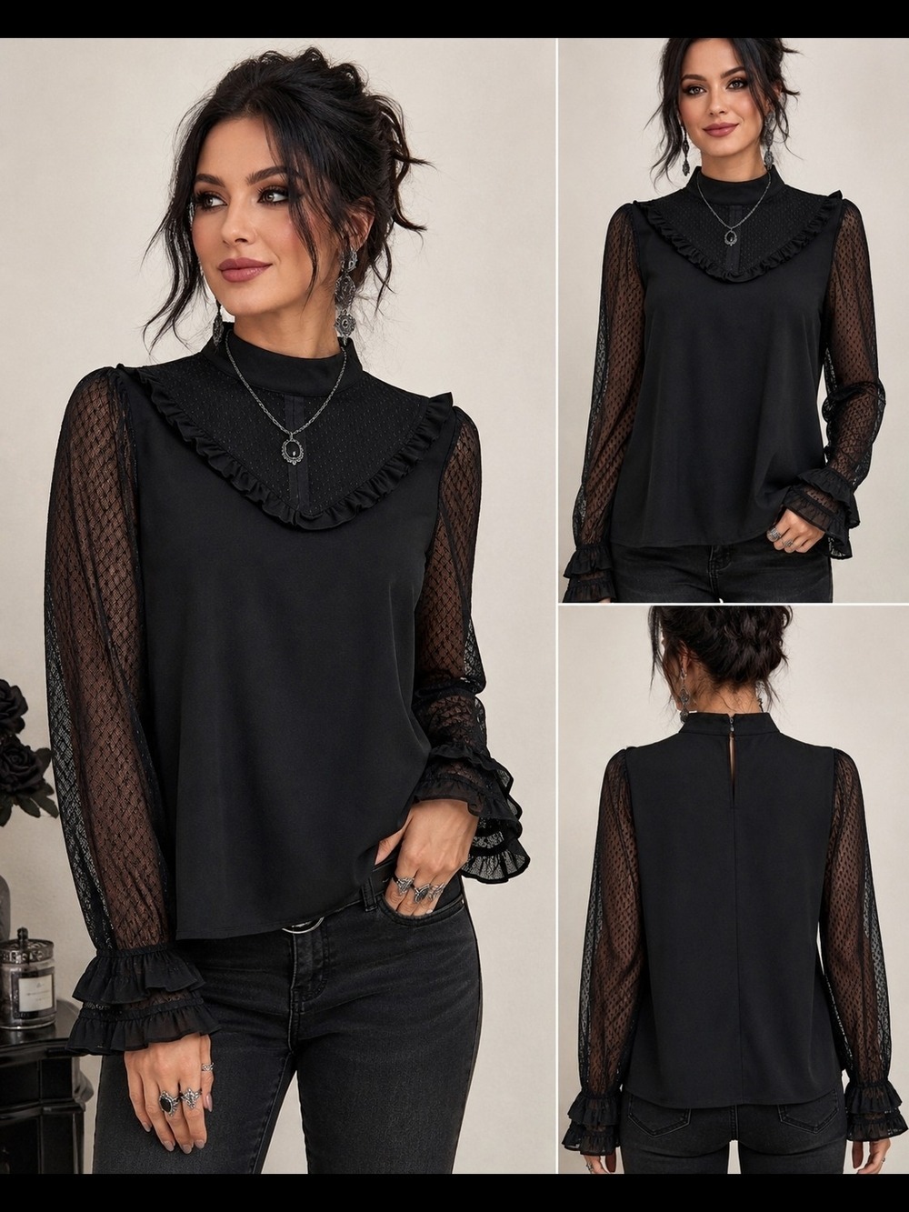 Belldini Black Sheer Lace Sleeve Ruffle Victorian Gothic Blouse Top L